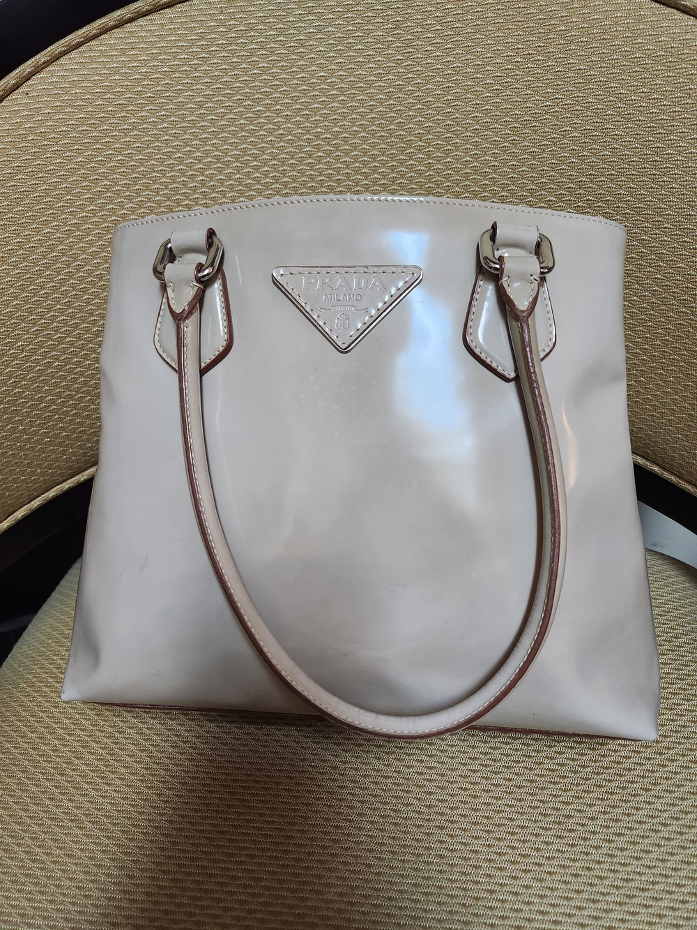 Prada Cream Patent Leather Tote with Brown Trim